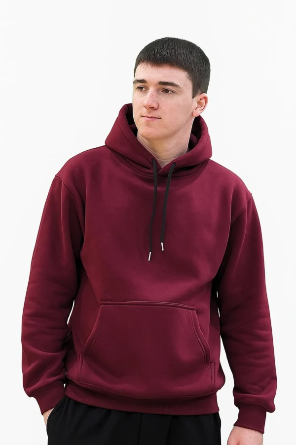 Men's Solid Maroon Cotton Fleece Hoodie with Kangaroo Pocket
