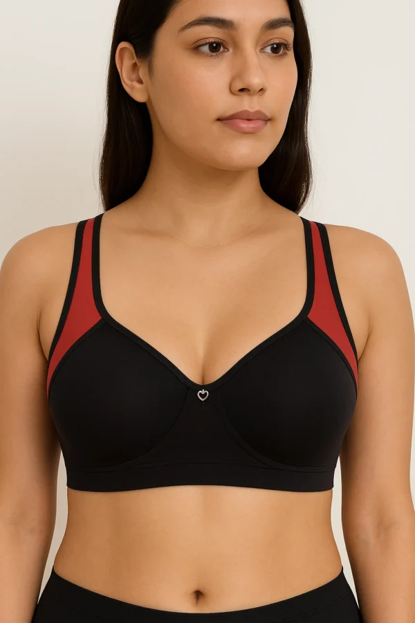 Women's Black-Red Padded Sports Bra - Modal Fabric - Racerback Style