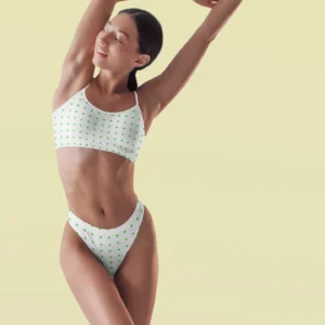 Playful Polka Dot Lingerie Set for Women – Soft Ribbed Bralette & High-Cut Panty in White with Green Dots