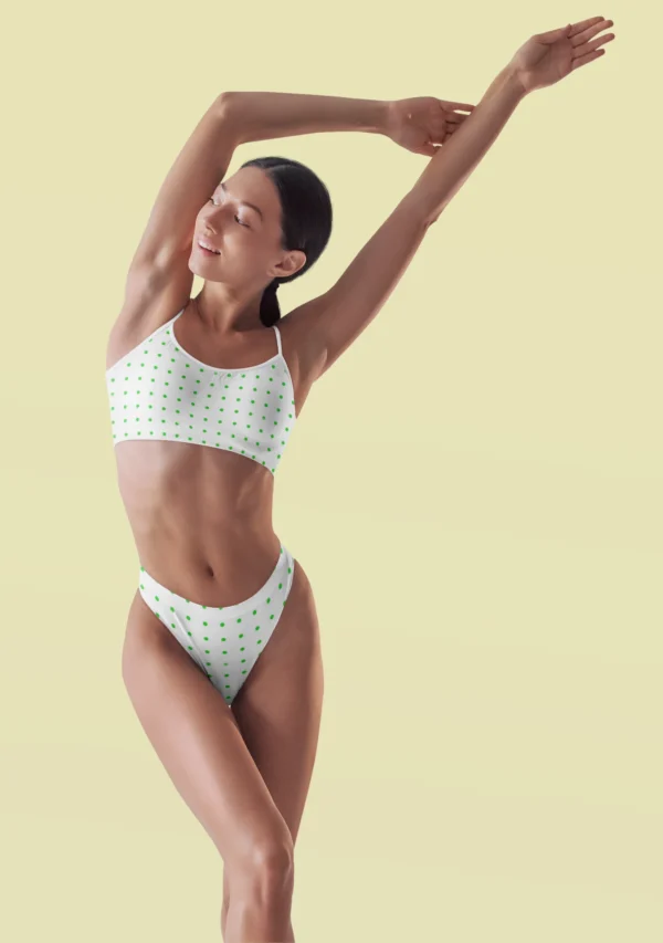 Playful Polka Dot Lingerie Set for Women – Soft Ribbed Bralette & High-Cut Panty in White with Green Dots