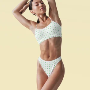 Playful Polka Dot Lingerie Set for Women – Soft Ribbed Bralette & High-Cut Panty in White with Green Dots