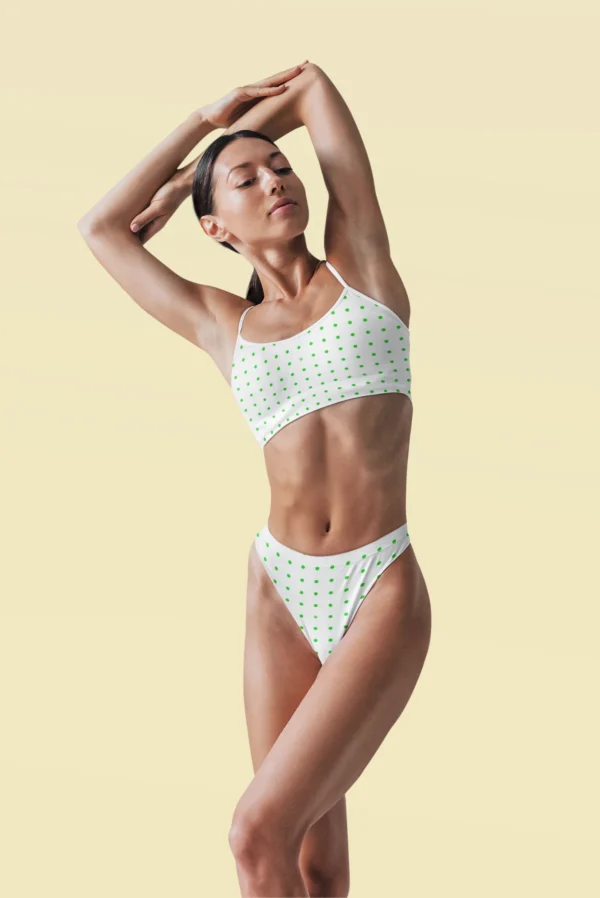 Playful Polka Dot Lingerie Set for Women – Soft Ribbed Bralette & High-Cut Panty in White with Green Dots