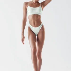 Playful Polka Dot Lingerie Set for Women – Soft Ribbed Bralette & High-Cut Panty in White with Green Dots