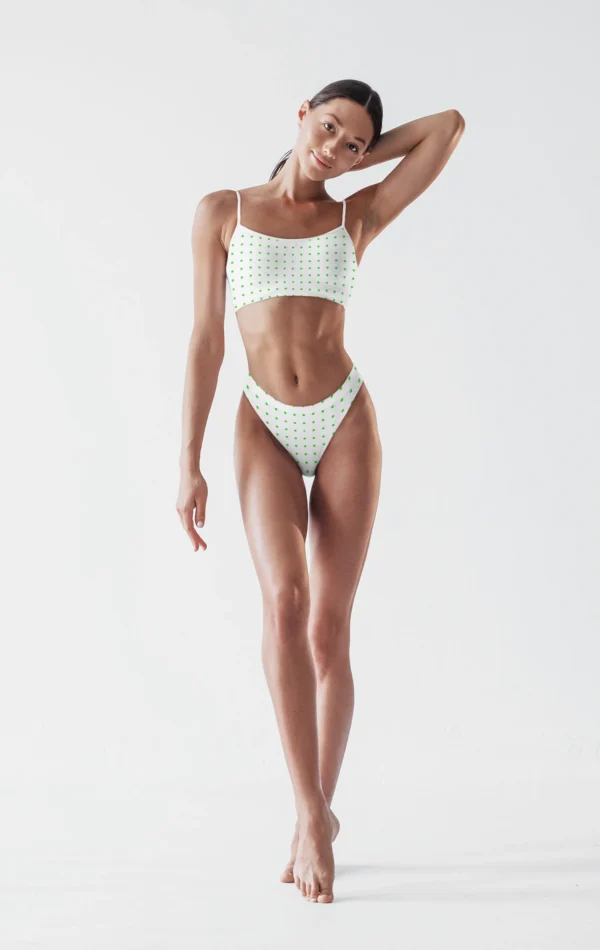 Playful Polka Dot Lingerie Set for Women – Soft Ribbed Bralette & High-Cut Panty in White with Green Dots