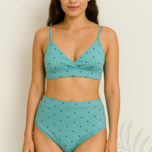 Light Blue Nylon Blend Printed Bra Panty Set for Women Lightly Non Padded Seamless Deatachable Straps with Set Mid Rise Panty Full Coverage Relaxable Every Day 3 Hook