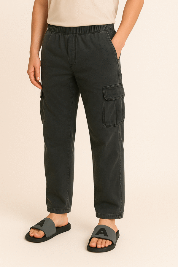 Men’s Cotton Acid Wash Cargo Pants with Elastic Waistband & Utility Pockets