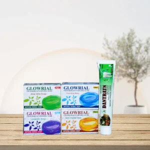 Glowrial Herbal Soap Combo Pack of 4 + Dantratn Herbal Toothpaste – Total Skin & Oral Care Kit | Natural Glow & Fresh Breath | Paraben-Free