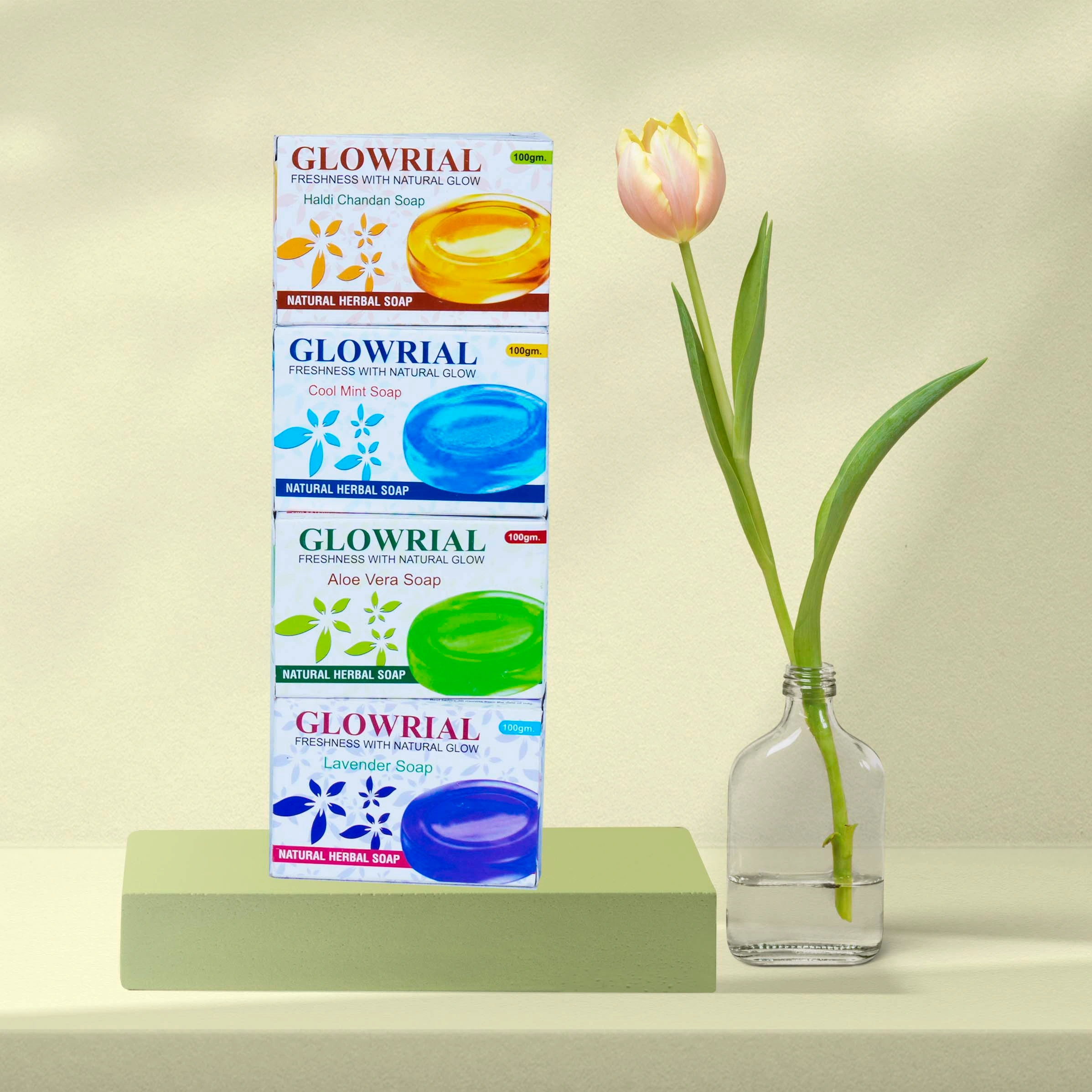 Glowrial Herbal Soap Pack of 4 (4 x 100g) – Aloe Vera, Lavender, Cool Mint & Haldi Chandan | Natural Skin Glow Soap Bars | Herbal & Paraben-Free 1 Glowrial Herbal Soap Pack of 4 (4 x 100g) – Aloe Vera, Lavender, Cool Mint & Haldi Chandan | Natural Skin Glow Soap Bars | Herbal & Paraben-Free