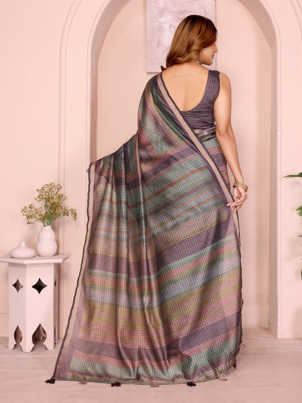 Pastel Multicolor Checked Black Chanderi Saree 4 Pastel Multicolor Checked Black Chanderi Saree - Image 4
