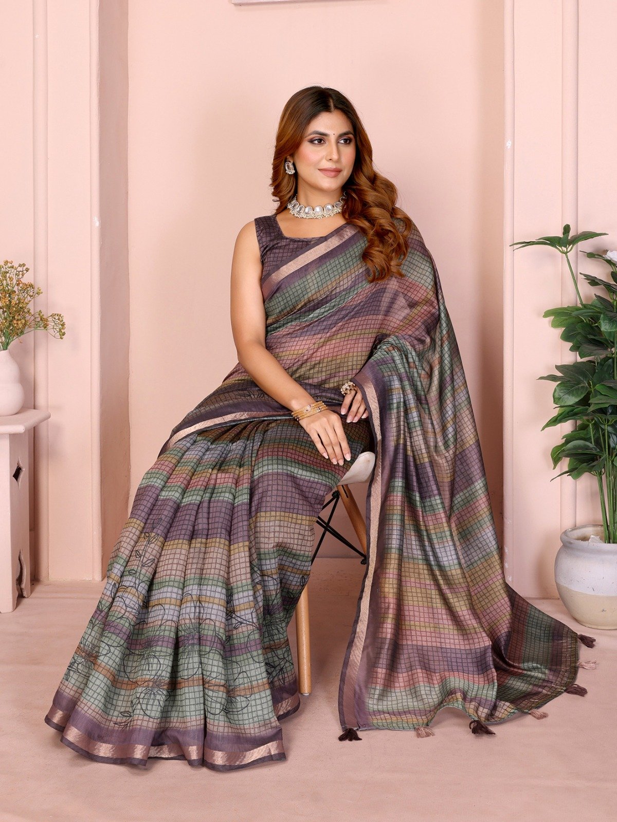 Pastel Multicolor Checked Black Chanderi Saree 8 Pastel Multicolor Checked Black Chanderi Saree - Image 8