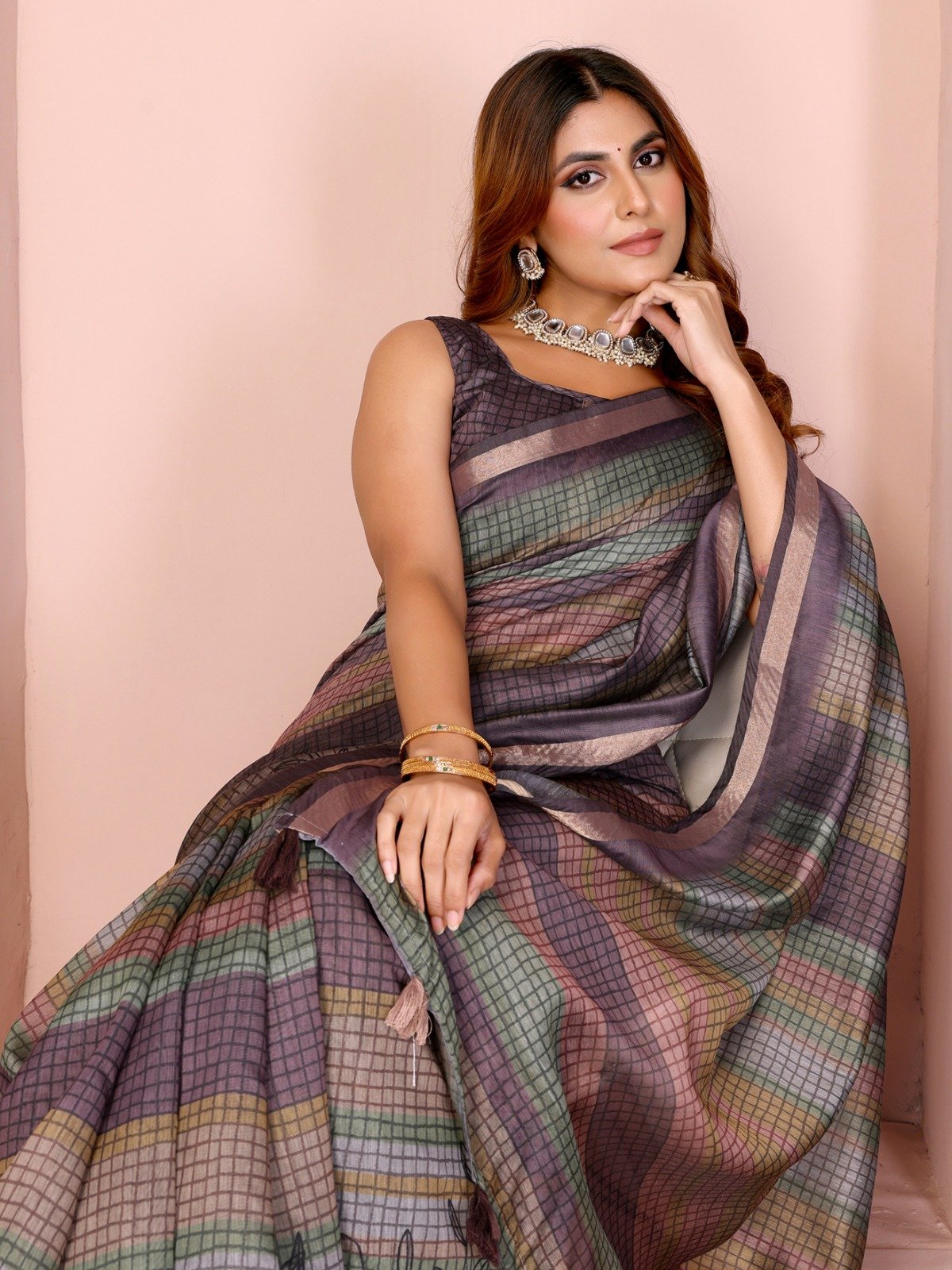Pastel Multicolor Checked Black Chanderi Saree 5 Pastel Multicolor Checked Black Chanderi Saree - Image 5