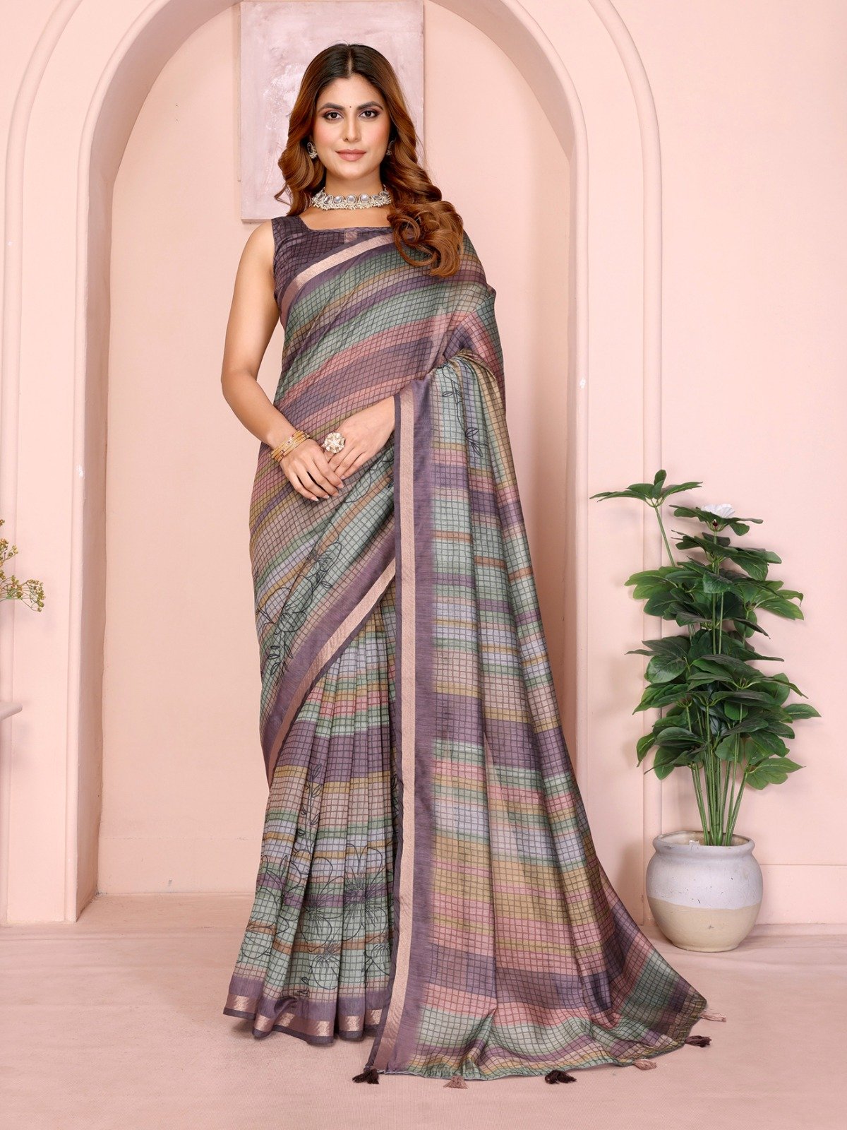 Pastel Multicolor Checked Black Chanderi Saree 6 Pastel Multicolor Checked Black Chanderi Saree - Image 6