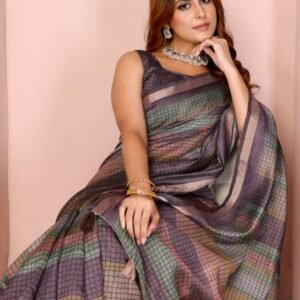 Pastel Multicolor Checked Black Chanderi Saree