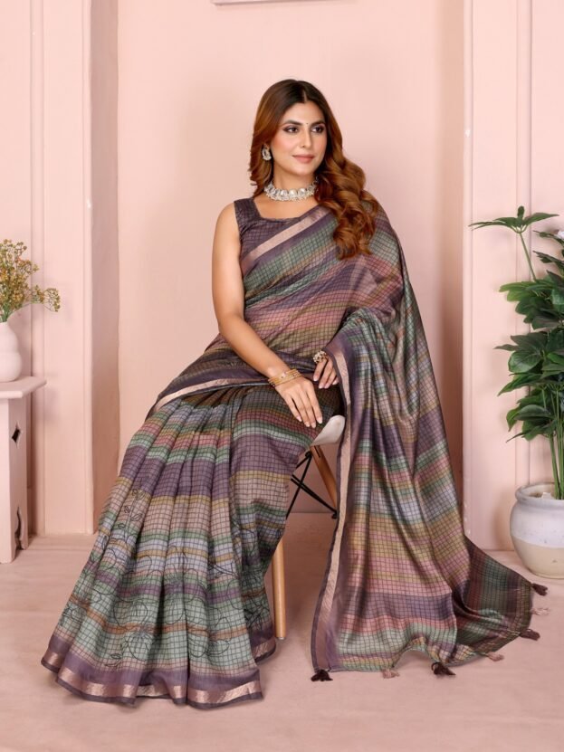 Pastel Multicolor Checked Black Chanderi Saree 2 Pastel Multicolor Checked Black Chanderi Saree - Image 2